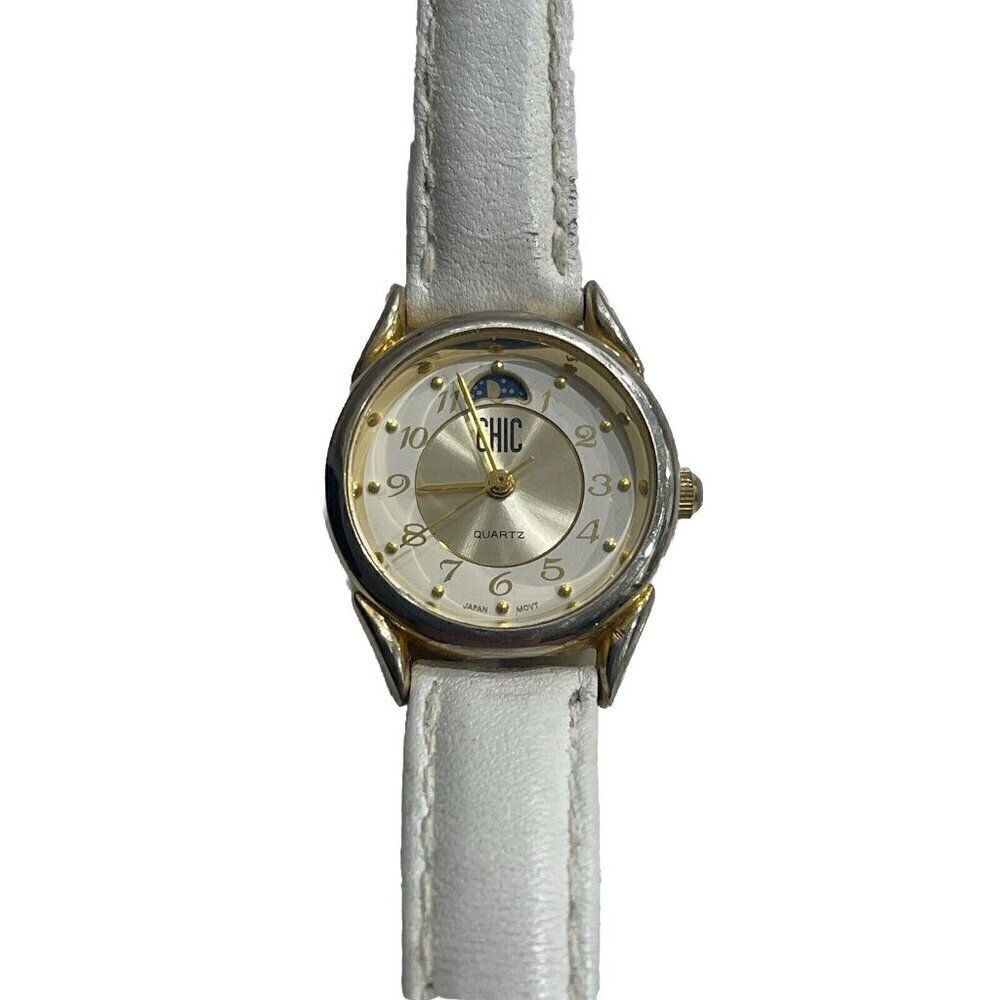 Chic Women's Watch Moon Face Dial Gold Tone Face White Band LCH155 012 2015